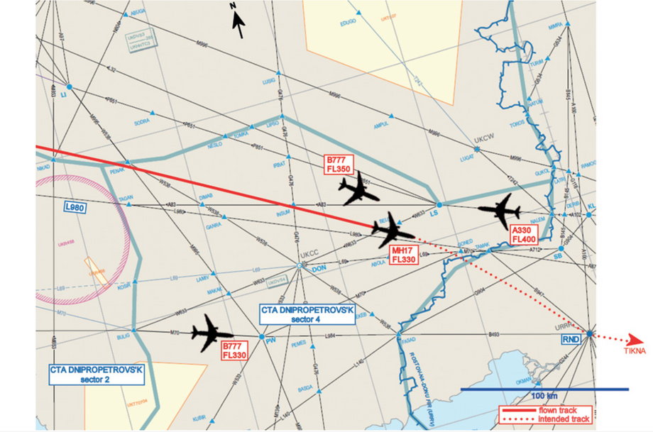 Sytuacja nawigacyjna w rejonie zestrzelenia lotu MH17, 17 lipca 2014 r., godz. 13:20
