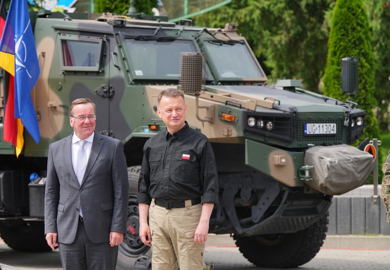 Minister obrony Polski Mariusz Błaszczak oraz minister obrony Niemiec Boris Pistorius w Zamościu, 3 lipca 2023 r.