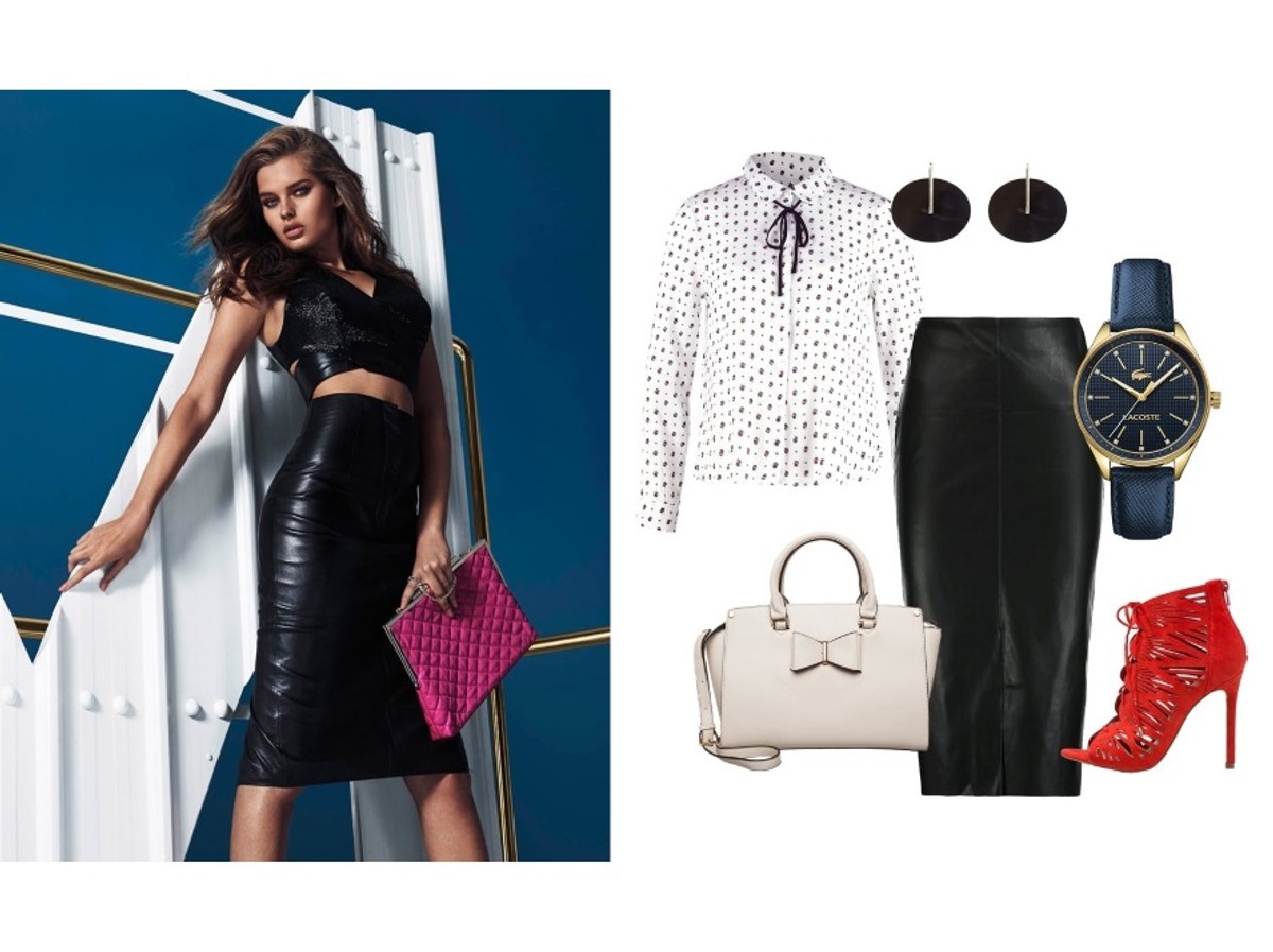 Spódnica – Dorothy Perkins 129 zł, koszula – Jennyfer 69 zł, zegarek – Lacoste 749 zł, torebka – LYDC 159 zł, kolczyki – Sweet Deluxe 84 zł, buty – Aldo 349zł.