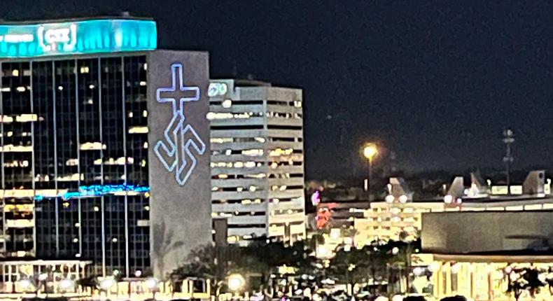 An image of a swastika projected onto a downtown Jacksonville building.u/mattylanks/Reddit