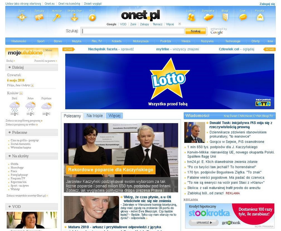 Strona główna Onetu w 2010 roku