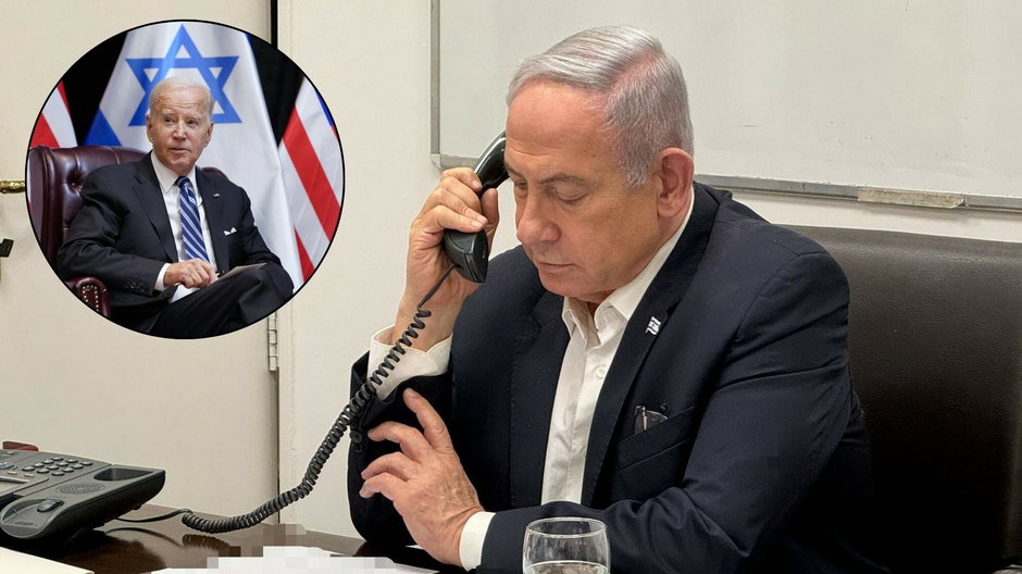 Premier Izraela Binjamin Netanjahu rozmawiający z prezydentem USA Joem Bidenem (w kółku), 14 kwietnia 2024 r.