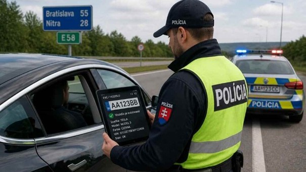 Policajt kontroluje EVČ vozidla pri cestnej kontrole v Európe. 