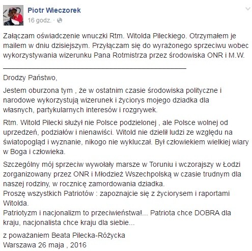 List wnuczki rtm. Pileckiego