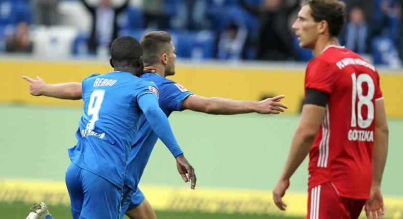 Hoffenheim striker Andrej Kramaric (C) celebrates converting a late penalty to seal a 4-1 win over Bayern Munich