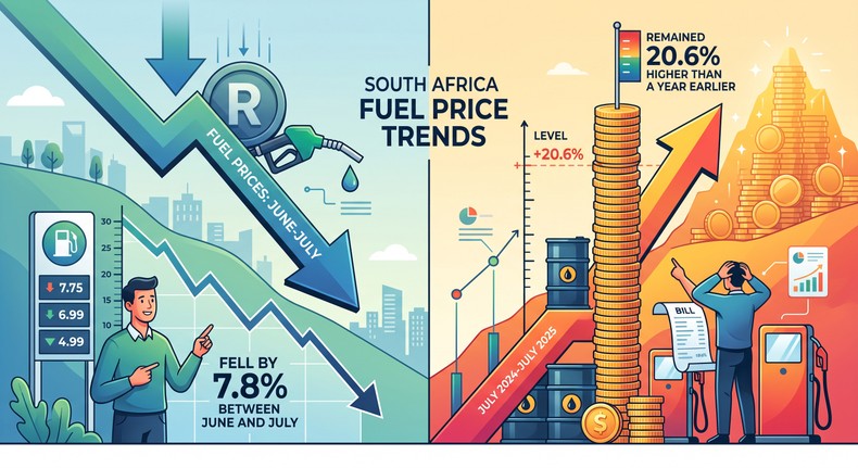 Fuel prices fell by 7.8% between June and July, but remained 20.6% higher than they were a year earlier.[Gemini Generated Image]
