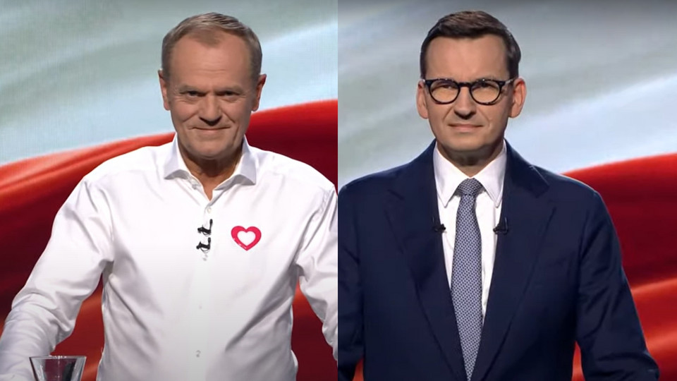 Donald Tusk, Mateusz Morawiecki podczas debaty wyborczej TVP