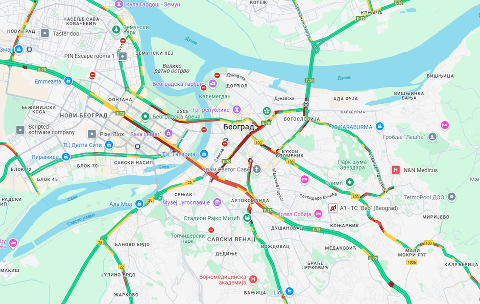 Gugl mape gužvi u Beogradu