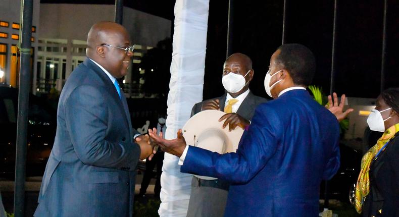 Museveni with H.E Denis Sassou Nguesso, President of the Republic of the Congo, and H.E Félix  Tshisekedi, the President of the Democratic Republic of Congo (DRC) during an interval of the Great Lakes Heads of State summit on Peace, Cooperation and Security in DRC’s capital Kinshasa.