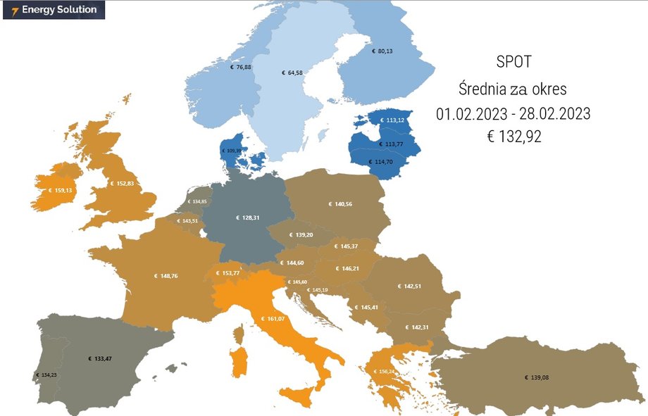 Mapa cen energii na rynku SPOT w lutym 2023 r. 