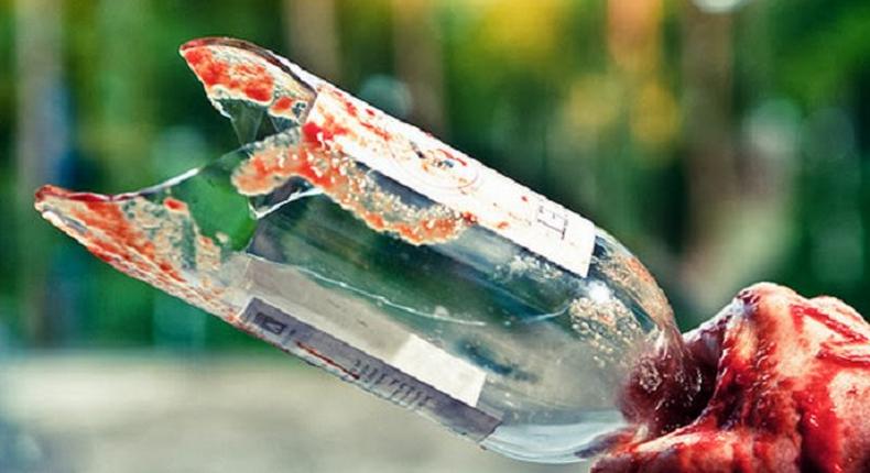 A broken bottle used as weapon of attack