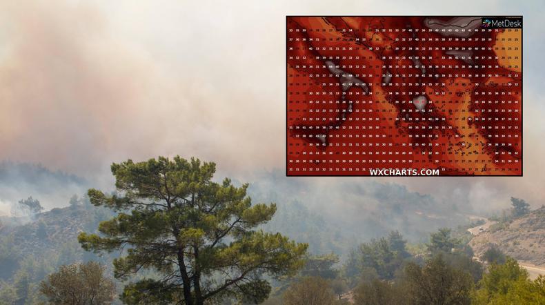 Ekstremalne upały i pożary trawią południową Europę (mapa: wxcharts.com)