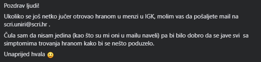 Studentski dom IGK - trovanje hranom