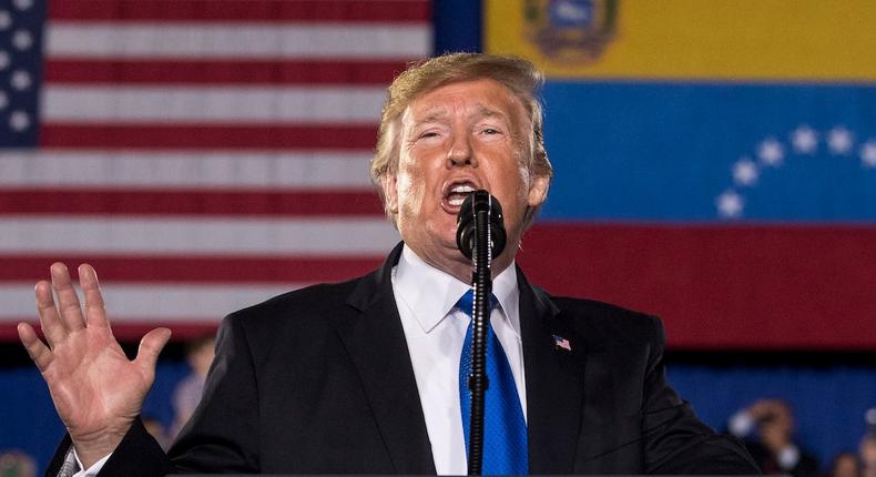 President Donald Trump speaks to a Venezuelan American community at Florida Ocean Bank Convocation Center at Florida International University in Miami, Florida, on Monday.