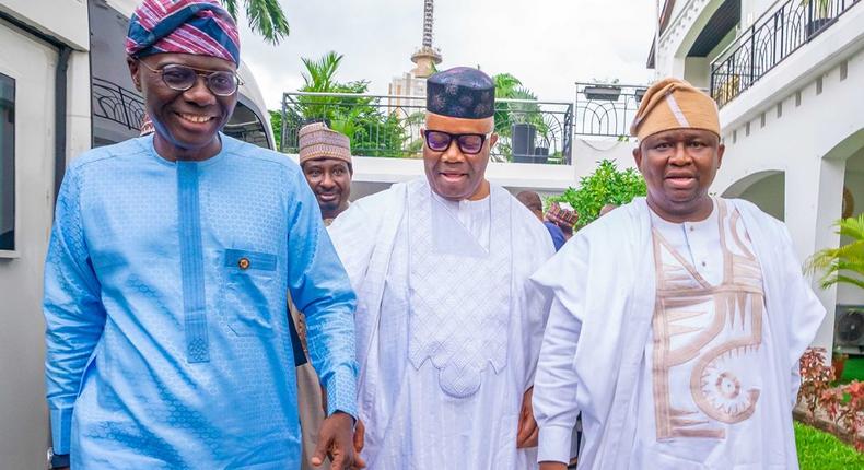 L-R: Lagos State governor, Babajide Sanwo-Olu, Senator Godswill Akpabio, and Senator Adeola Solomon [NAN]