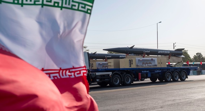 Iran's Fattah missile was seen on a truck during a military parade in Tehran last month.Photo by Morteza Nikoubazl/NurPhoto via Getty Images