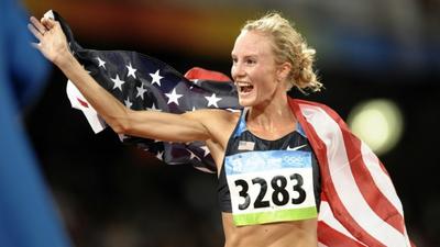 Shalane Flanagan of the US celebrates after the women's 10,000m race at the 2008 Beijing Olympic Games