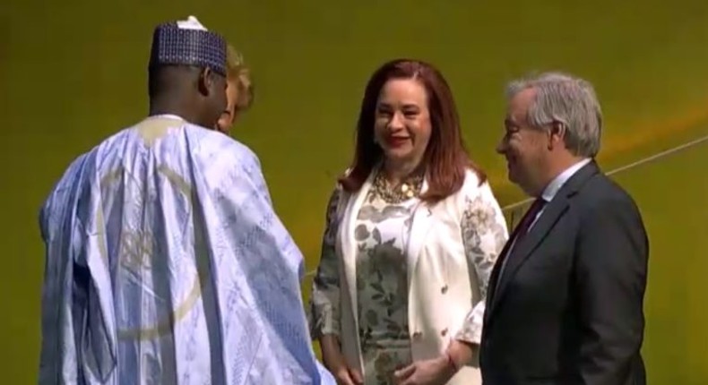 From left: President-elect of the 74th UN Genetral Assembly, Amb. Tijani Mohammad-Bande; outgoing president of the 73rd UNGA, Ms Maria Espinosa, and UN Secretray General, Antonio Guterres, shortly after Mohammad-Bande’s election at the UN hedaquarter in New York on Tuesday. (NAN)