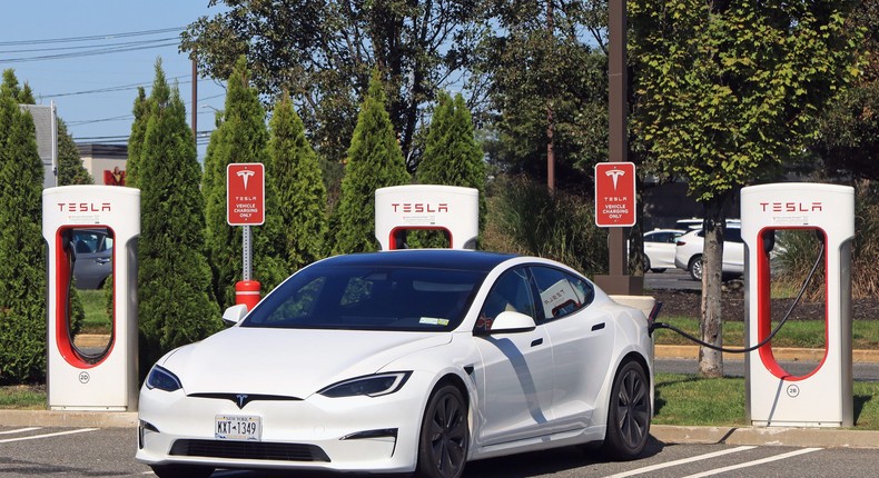 A Tesla Model S at a charging station in New York.Bruce Bennett/Getty Images