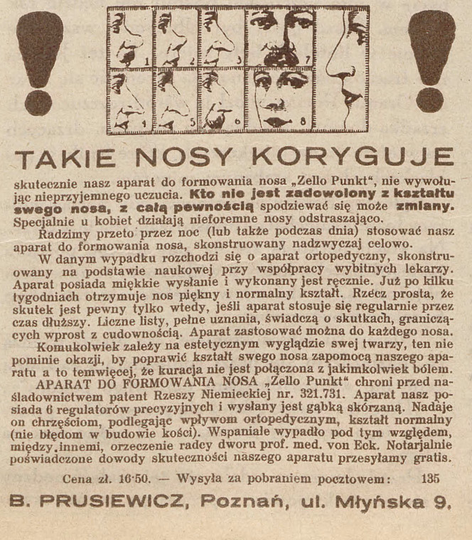 „Takie Nosy Korygujemy” – reklama gabinetu chirurgii plastycznej zamieszczona w czasopiśmie „Światowid” w 1929 roku