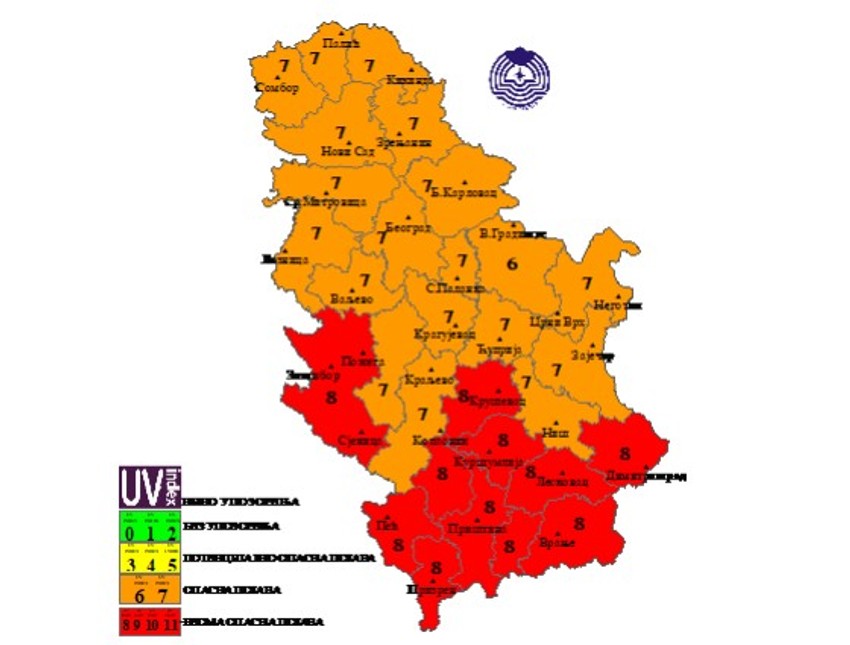 Prostorna raspodela UV zracenja za 13 avgust