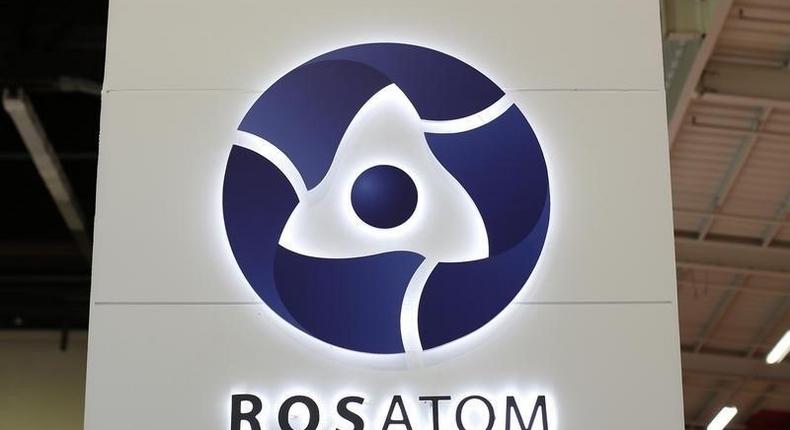 The logo of Russian state nuclear monopoly Rosatom is pictured at the World Nuclear Exhibition 2014, the trade fair event for the global nuclear energy sector, in Le Bourget, near Paris October 14, 2014. REUTERS/Benoit Tessier