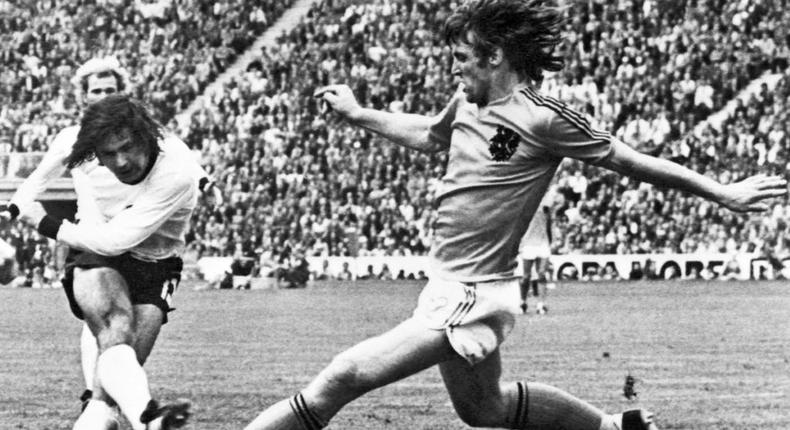 Gerd Mueller scores the winning goal for West Germany in the 1974 World Cup final against the Netherlands Creator: -