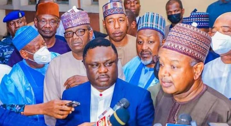 Kebbi state Governor and Progressive governors Chairman, Atiku Bagudu addressing the press after a meeting in Abuja. [Twitter/@HuduMatawalle]