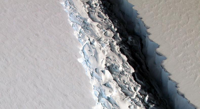 A 300-foot-wide, 70-mile-long rift in Antarctica's Larsen C Ice Shelf.