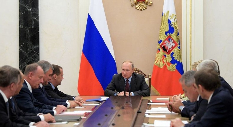 Russia's President Vladimir Putin chairs a Security Council meeting in Moscow on October 26, 2019.ALEXEI DRUZHININ/Sputnik/AFP via Getty Images