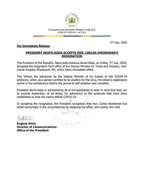 Carlos Ahenkorah resignation