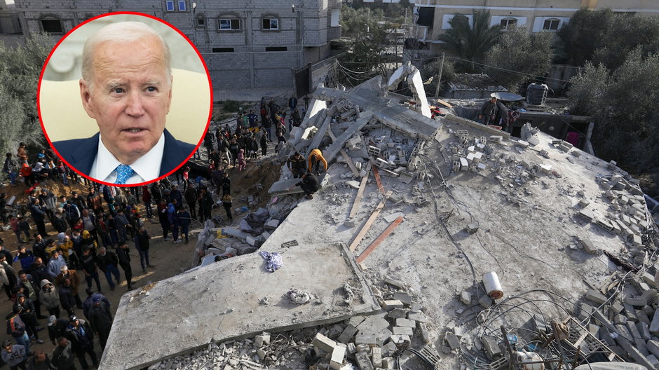 Widok z okolicy podczas akcji poszukiwawczo-ratunkowej prowadzonej przez mieszkańców po izraelskich atakach w Rafah w Strefie Gazy, 3 marca 2024 r. W kółku prezydent USA Joe Biden