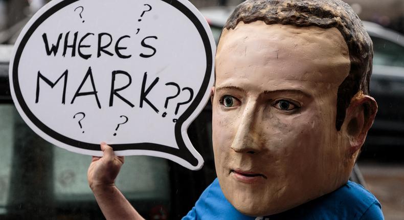 A protest against Facebook CEO Mark Zuckerberg outside UK Parliament last week.