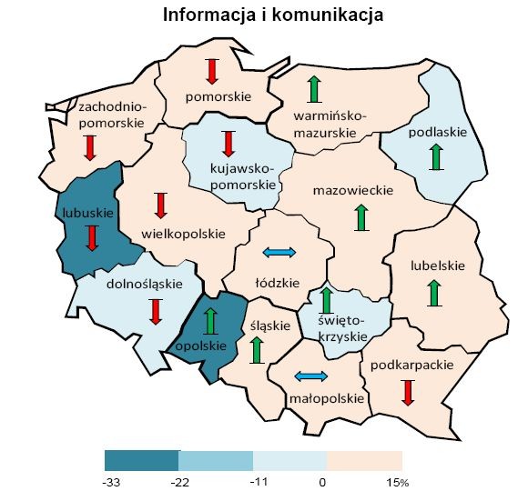 Ogólny klimat koniunktury według województw (dane wg siedziby przedsiębiorstwa) - usługi informacja i komunikacja