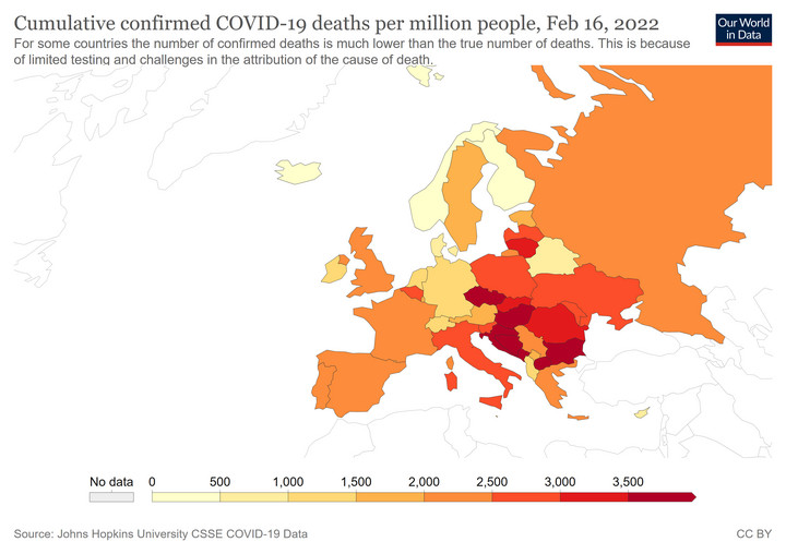 COVID-19 w Europie. Skumulowana liczba zgonów w powodu COVID-19 na milion mieszkańców