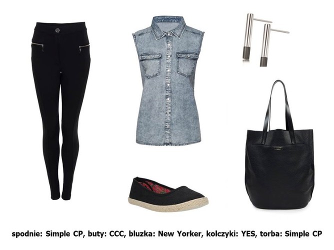 Spodnie Simple CP: 299,90 pln Bluzka New Yorker: 79,95 pln Buty CCC: 39,90 pln Kolczyki YES: 105 pln Torba Simple CP: 699,90 pln
