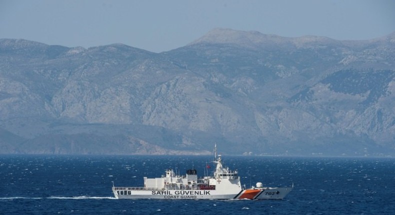 A Turkish coast guard ship patrols on the Aegean Sea, off the Turkish coast