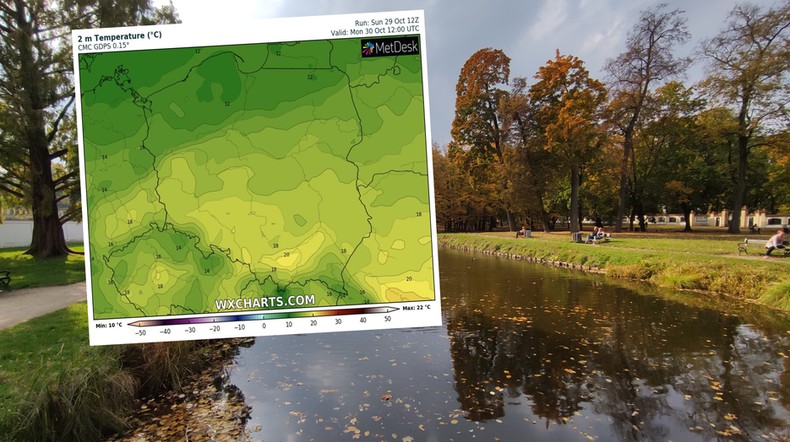 Nowy tydzień przywita nas pogodnym niebem i wysoką temperaturą (mapa: wxcharts.com)