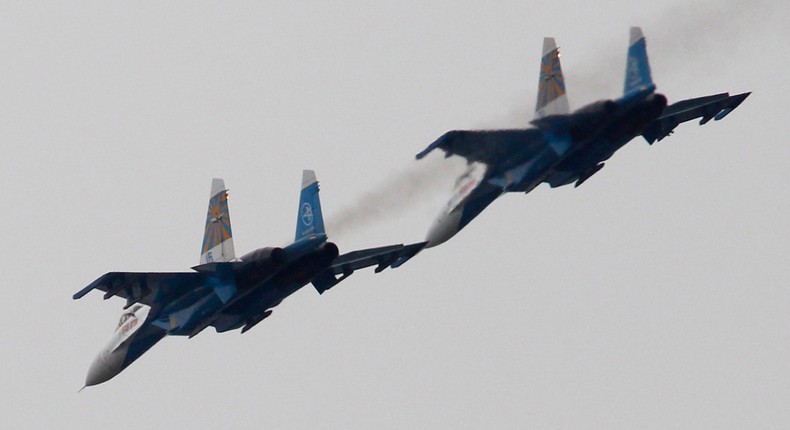 Russian Air Force Su-27 Russkiye Vityazi (Russian Knights) jet fighters perform during the 2011 MAKS International Aviation and Space Salon in ZhukovskyREUTERS/Sergei Karpukhin