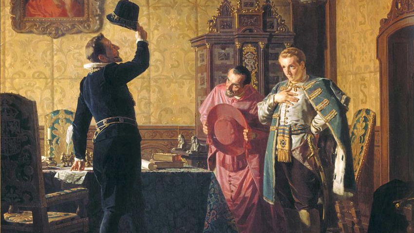 Dymitr Samozwaniec I przysięga Zygmuntowi III Wazie wprowadzenie katolicyzmu w Rosji. Obraz pochodzi z 1874 roku - fot. domena publiczna