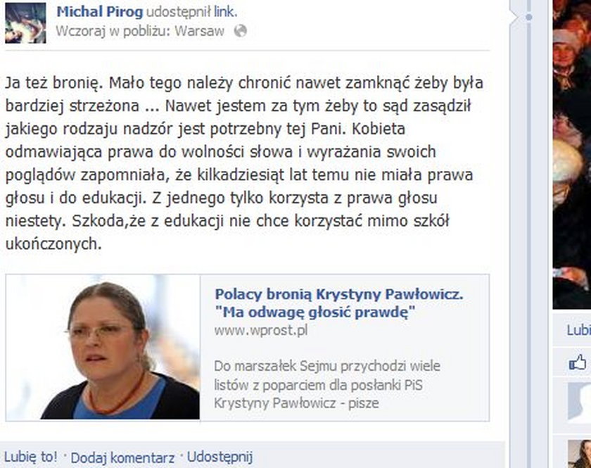 Michał Piróg wpis o Pawłowicz na Facebooku