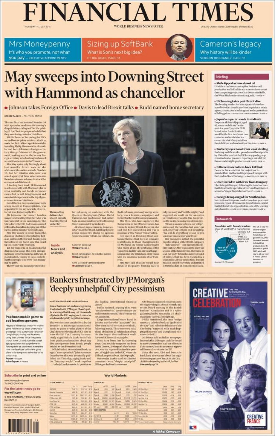 Financial Times: "May przejmuje Downing Street z Hammondem jako ministrem skarbu" i wymienia pozostałe nominacje