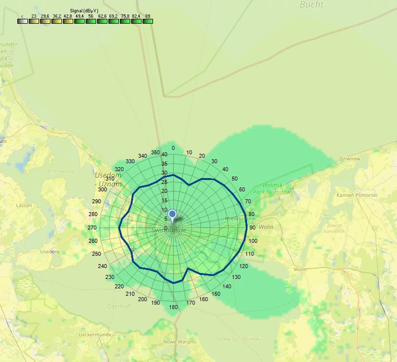 Mapa zasięgu sektorowego nadajnika w Świnoujściu