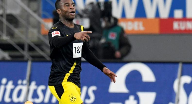 Moukoko celebrates soring for Dortmund in last weekend's defeat at Freiburg