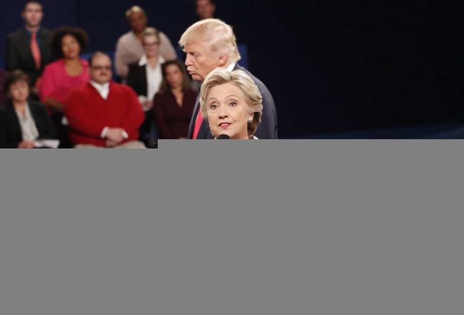 Hillary Clinton with Trump at Sunday night's presidential debate at Washington University in St. Louis.
