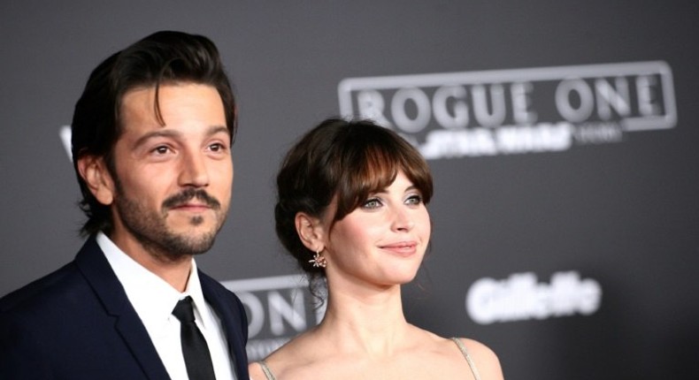 Diego Luna and Felicity Jones attend the world premiere of Lucasfilm's 'Rogue One: A Star Wars Story', in Hollywood, on December 10, 2016