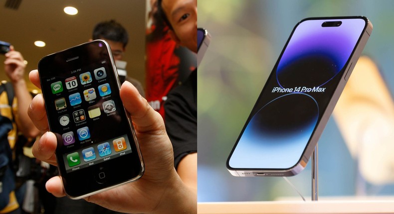 Apple's iPhone 3GS, left, and iPhone 14 Pro Max, right.Bobby Yip/Reuters, Stanislav Kogiku/SOPA Images/LightRocket via Getty Images