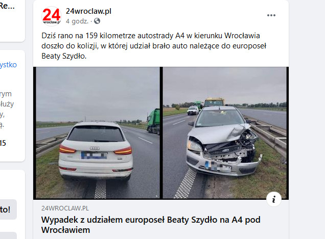 Wypadek z udziałem pojazdu europoseł Beaty Szydło na A4 pod Wrocławiem