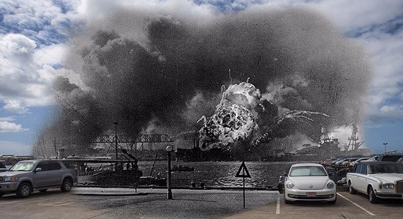 The Mahan-class destroyer USS Shaw explodes in the background after the attack on Pearl Harbor.