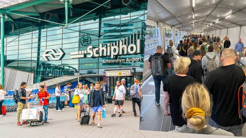 Kolejki do odprawy na lotnisku Schiphol (screen: Facebook/Tomasz Raczek)